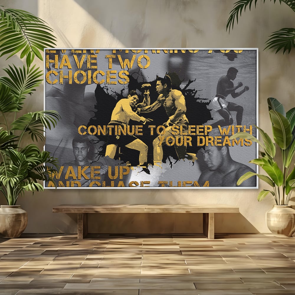 Tablou canvas cu tablou canvas motivational cu muhammad ali, in rama de aluminiu argintiu